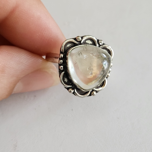 Crystal Quartz Smooth Round Natural Gemstone Handmade Silver Ring Size 10 - Picture 3 of 3